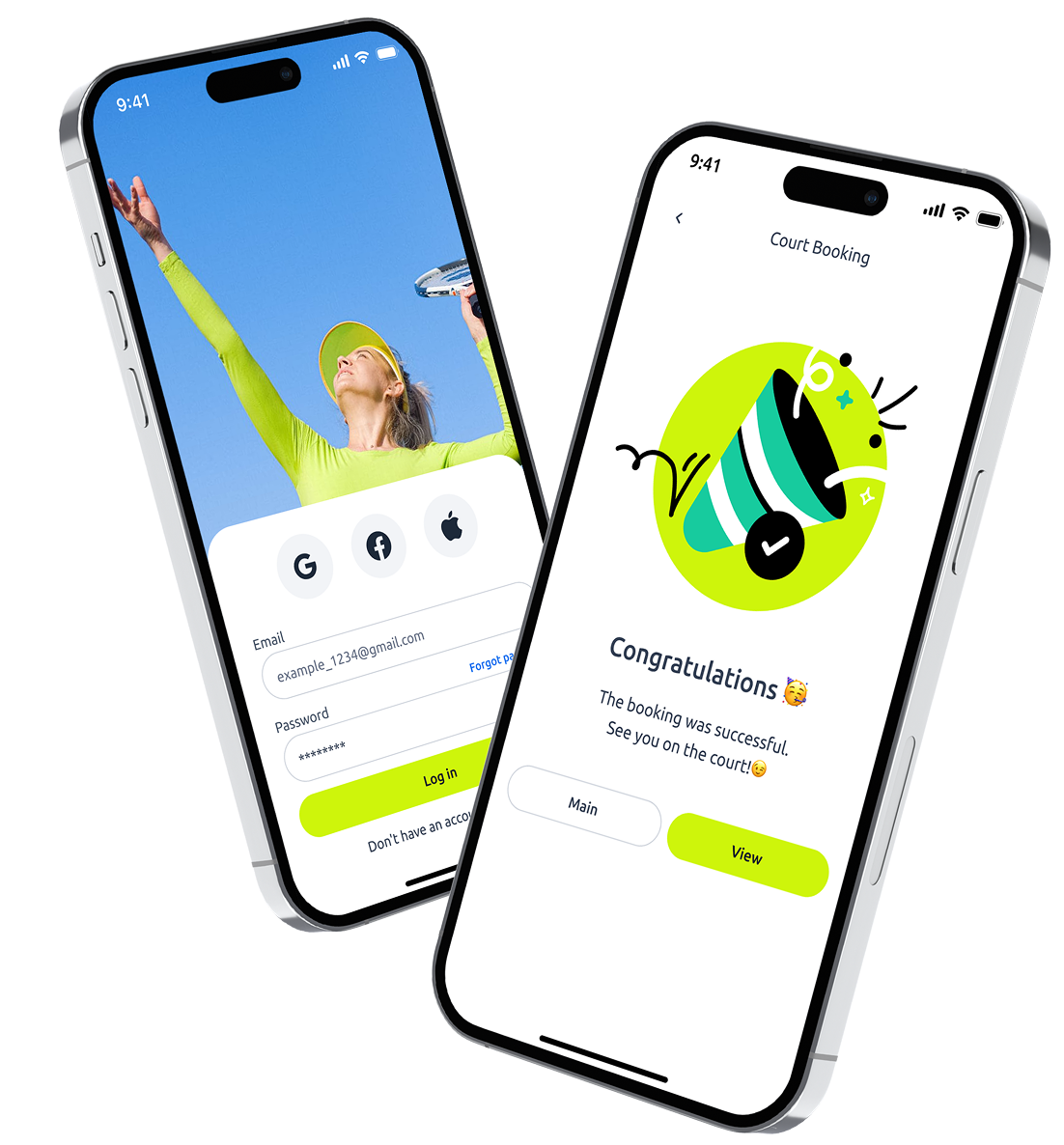 Player app β login screen and booking confirmation